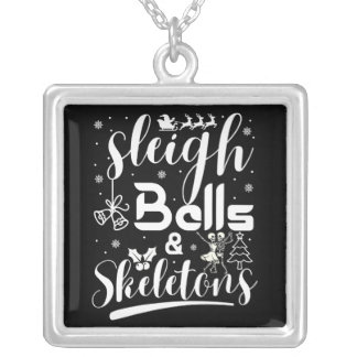 Sleigh bells & skeletons dancing funny christmas silver plated necklace