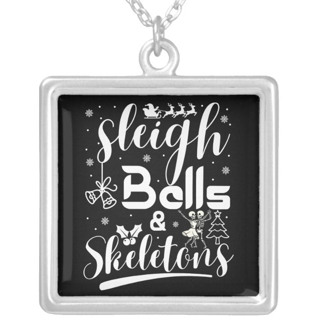Sleigh bells & skeletons dancing funny christmas silver plated necklace (Front)