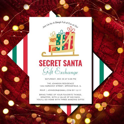 Sleigh Gift Box Secret Santa Gift Exchange Party Invitation