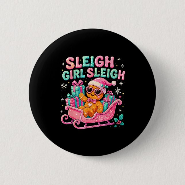 Sleigh Girl Cute Gingerbread Christmas Art  Button (Front)