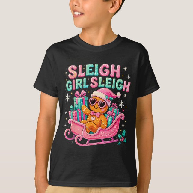 Sleigh Girl Cute Gingerbread Christmas Art  T-Shirt (Front)