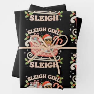 Sleigh Girl Gingerbread Christmas Xmas Candy Cane Wrapping Paper Sheets