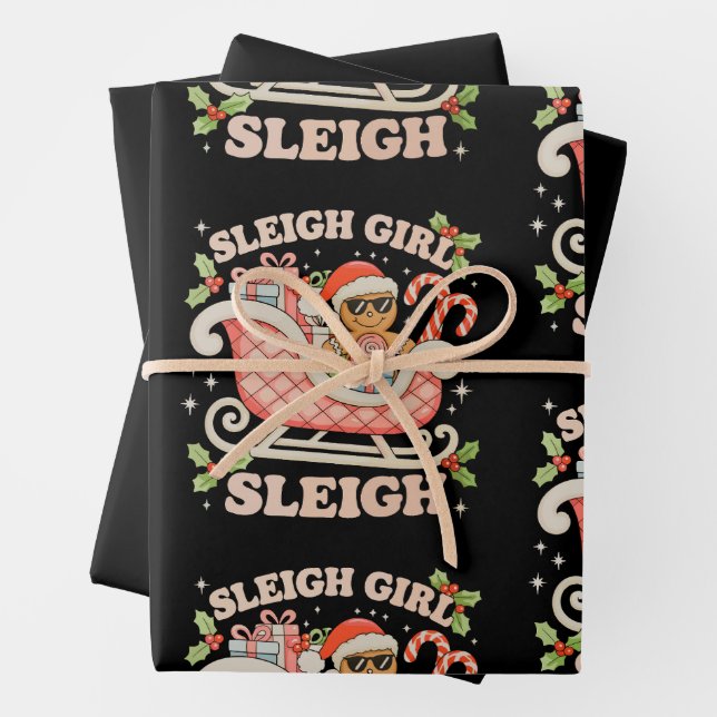 Sleigh Girl Gingerbread Christmas Xmas Candy Cane Wrapping Paper Sheets (In situ)