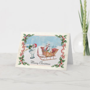 Sleigh Ride Girls Merry Christmas Holly Vintage Holiday Card