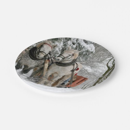 sleighridesnowforesthorsewinterwhitegallop paper plates