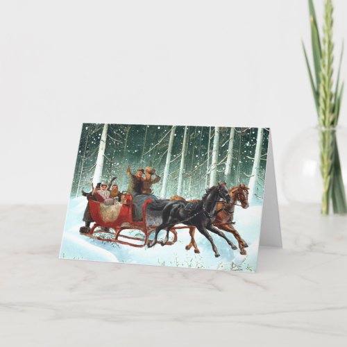 Sleigh Ride Vintage Christmas Horse Snowy Forest  Holiday Card