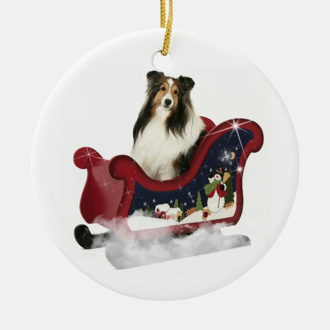 Sleigh Sheltie Ceramic Ornament (Front)