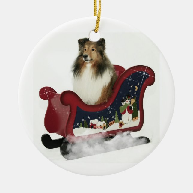 Sleigh Sheltie Ceramic Ornament (Front)
