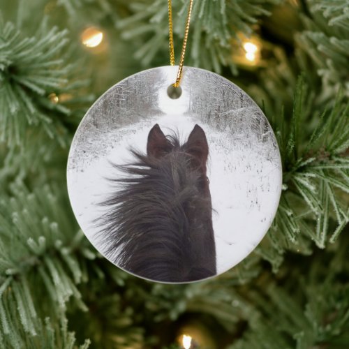 Sleigh View of Black Horse Snowy Tree Lined Road Ceramic Ornament