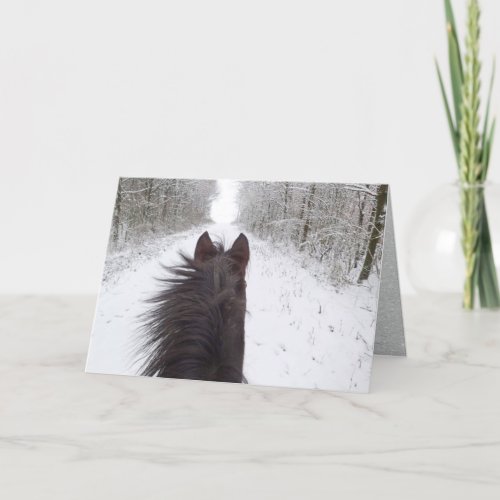Sleigh View of Black Horse Snowy Tree Lined Road Holiday Card