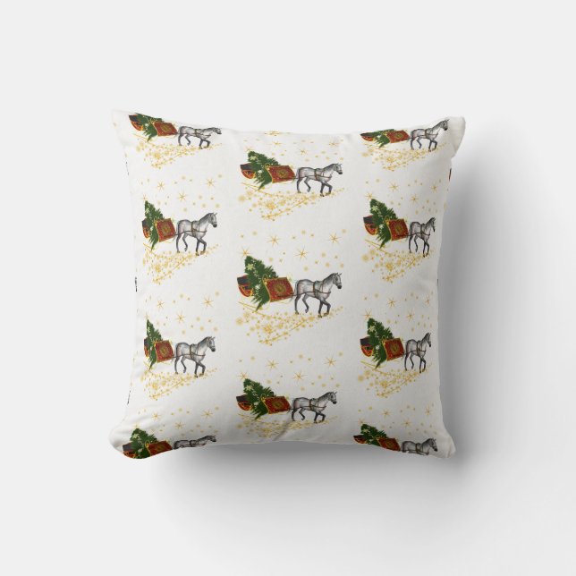 Sleigh with dapple horse and tree throw pillow (Front)