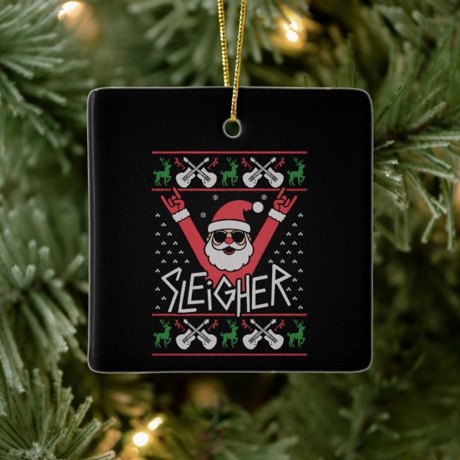 Sleigher Santa Christmas Rock n Roll Ugly Sweat Ceramic Ornament (Tree)