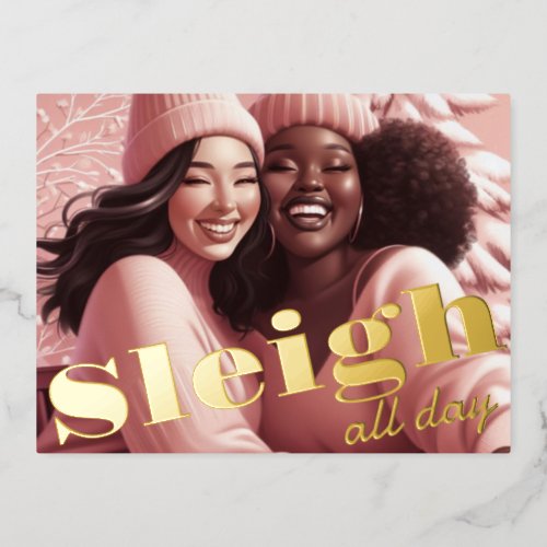 Sleighin Besties Festive Laughter Pastel Pink Foil Holiday Postcard