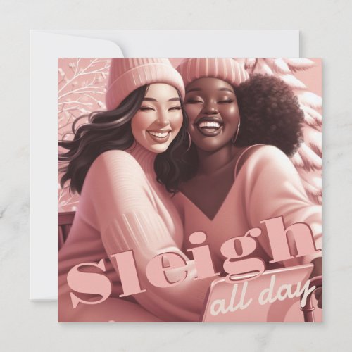 Sleighin Besties Festive Laughter Pastel Pink Holiday Card
