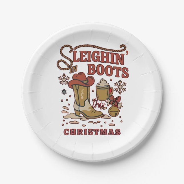 Sleighin Boots This Christmas Funny West Cowboy   Paper Plates (Front)