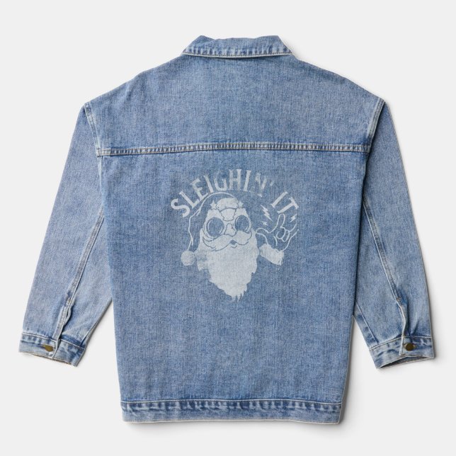 Sleighin It Funny Santa Sleigh Christmas Denim Jacket (Back)