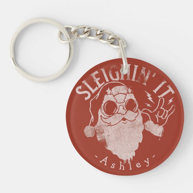 Sleighin It Funny Santa Sleigh Christmas Keychain (Front)