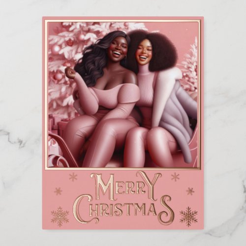 Sleighin Sisters Festive Laughter Pastel Pink Foil Holiday Postcard