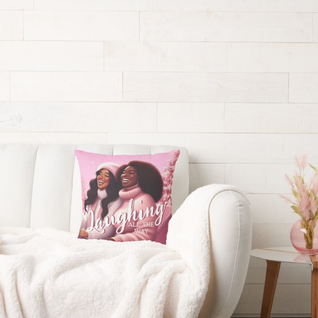 Sleighin' Sisters Festive Laughter Pastel Pink Throw Pillow (Couch)