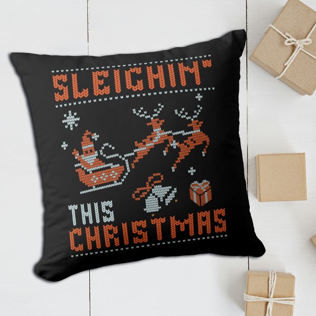 Sleighin' This Christmas Santa Knitting Name Throw Pillow (Creator Uploaded)