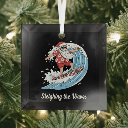 "Sleighing the Waves" Funny Surfing Santa Tropical Glass Ornament