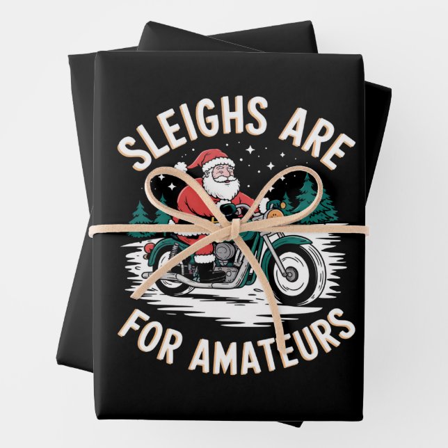 Sleighs Are For Amateurs Christmas Motorbike Biker Wrapping Paper Sheets (In situ)