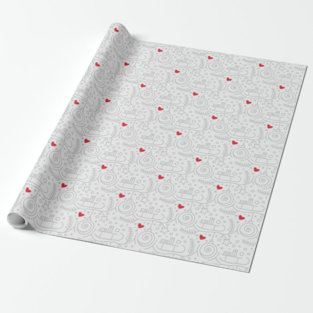 Sleighs, Ornaments And Hearts Wrapping Paper (Unrolled)