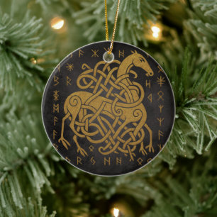Sleipnir, Golden Norse Horse with Runes Symbol Ceramic Ornament