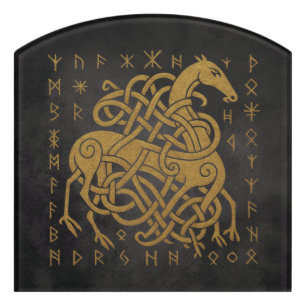 Sleipnir, Golden Norse Horse with Runes Symbol Door Sign