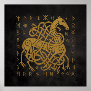 Sleipnir, Golden Norse Horse with Runes Symbol Poster