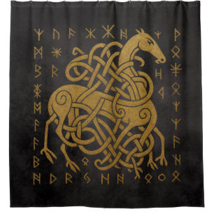 Sleipnir, Golden Norse Horse with Runes Symbol Shower Curtain