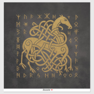 Sleipnir, Golden Norse Horse with Runes Symbol Sticker