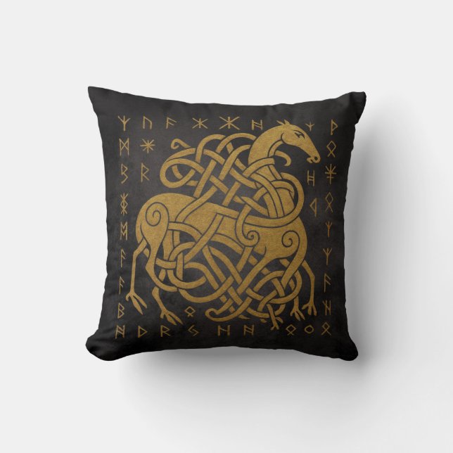 Sleipnir, Golden Norse Horse with Runes Symbol Throw Pillow (Front)