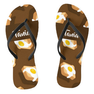 Slice of bread with egg pattern flip flops