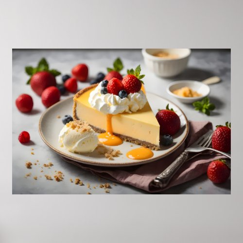 Slice of cheese cake with whipped cream ontop poster
