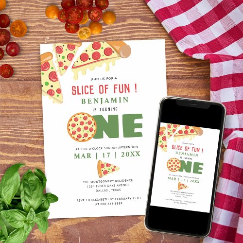 Slice Of Fun Modern Pizza Party Boy First Birthday Invitation