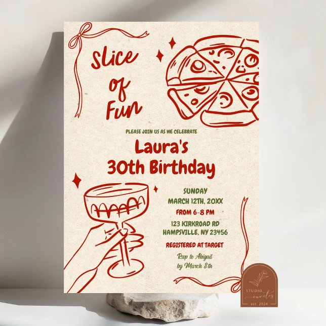 Slice of Fun Pizza and Wine Adult Birthday Invitation (Creator Uploaded)