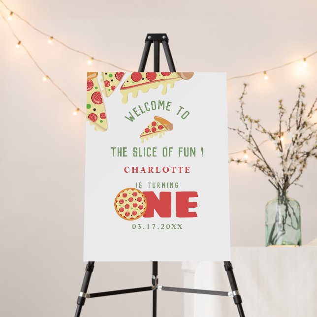 Slice Of Fun Pizza First Birthday Party Welcome  Foam Board (In Situ (Stand))