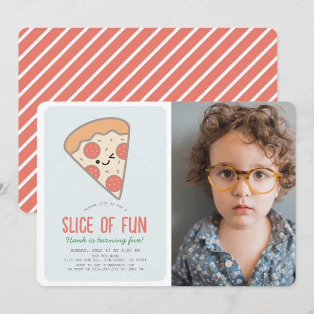 Slice of Fun Pizza Kawaii Blue Photo Boy Birthday Invitation (Front/Back)