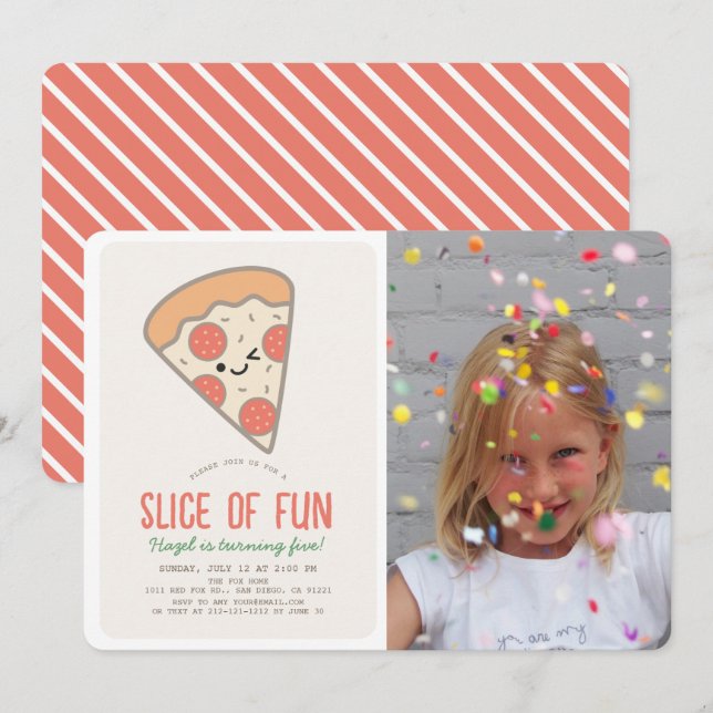 Slice of Fun Pizza Party Kawaii Birthday Photo Invitation (Front/Back)