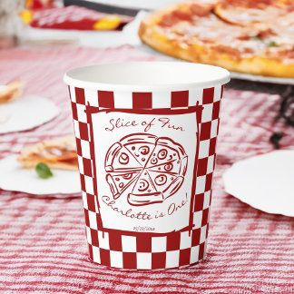 Slice of fun red check Italian pizza birthday Paper Cups