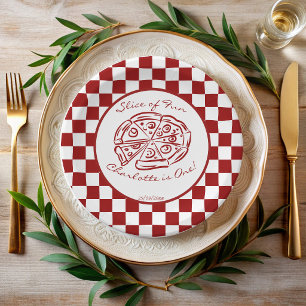 Slice of fun red check Italian pizza birthday Paper Plates