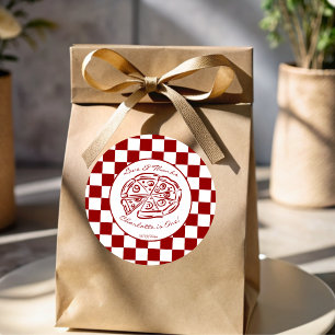 Slice of fun red check Italian pizza party favor Classic Round Sticker