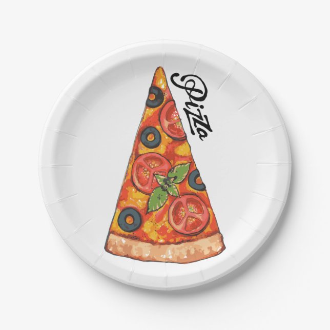 Slice of Italian pizza with tomatoes and olives Sq Paper Plates (Front)