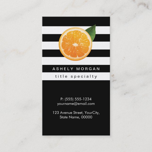 Slice of Orange Tangerine Logo Black White Stripes Business Card (Front)
