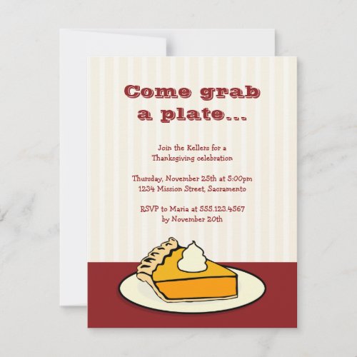 Slice of pumpkin pie on plate Thanksgiving dinner Invitation