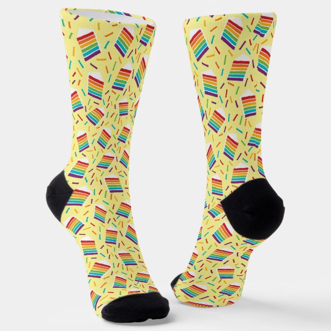 Slice of Rainbow Cake and Sprinkles Patterned Socks (Angled)