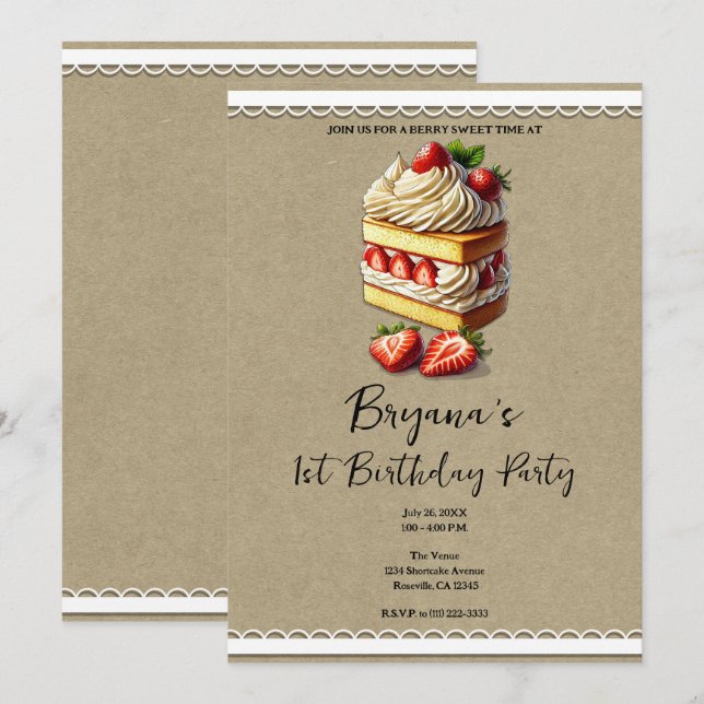 Slice of Strawberry Shortcake 1st 1 Birthday Party Invitation (Front/Back)