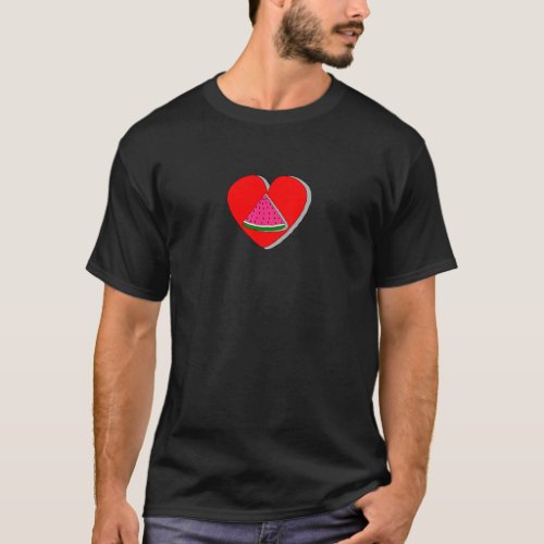 Slice Of Watermelon And Red Heart Drawing T_Shirt