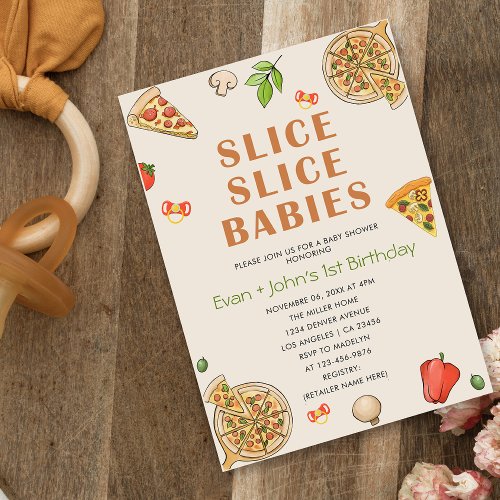 Slice Slice Baby Pizza Baby Twins Birthday Invitation